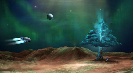 Space scene. Green nebula with planet and energy tree. Elements furnished by NASA. 3D rendering