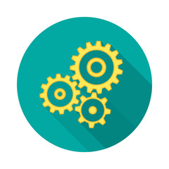 Cogwheel gear circle icon with long shadow. Flat design style. Mechanism simple silhouette. Modern, minimalist, round icon in stylish colors. Web site page and mobile app design vector element.