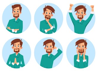 Young men in elegant office clothes. Set, worry, happy, thinking, smile