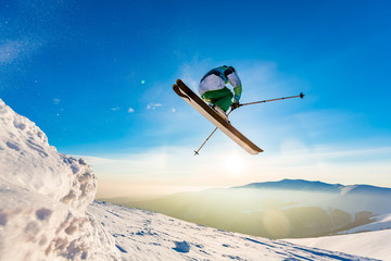 good skiing in the snowy mountains, Carpathians, Ukraine, a beautiful winter sunset, incredible ski...