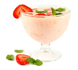 Healthy strawberry yogurt with mint leaves and fresh berries isolated on white background