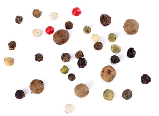 black pepper. peppercorns isolated on white background. top view