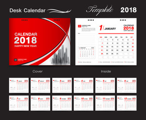 Set Desk Calendar 2018 template design, red cover, Set of 12 Months, Week start Sunday