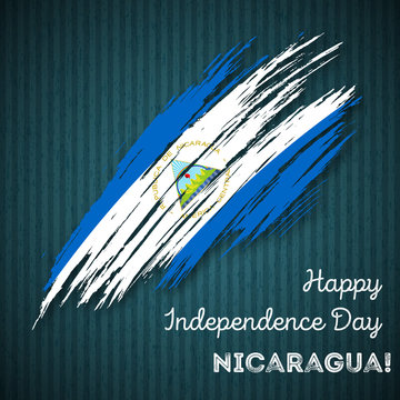 Nicaragua Independence Day Patriotic Design. Expressive Brush Stroke in National Flag Colors on dark striped background. Happy Independence Day Nicaragua Vector Greeting Card.