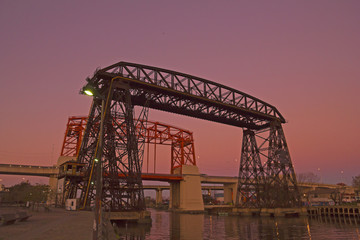 Fototapeta na wymiar Sunset in La Boca, Bridge, in La Boca La Boca district, Buenos Aires city, Argentina.