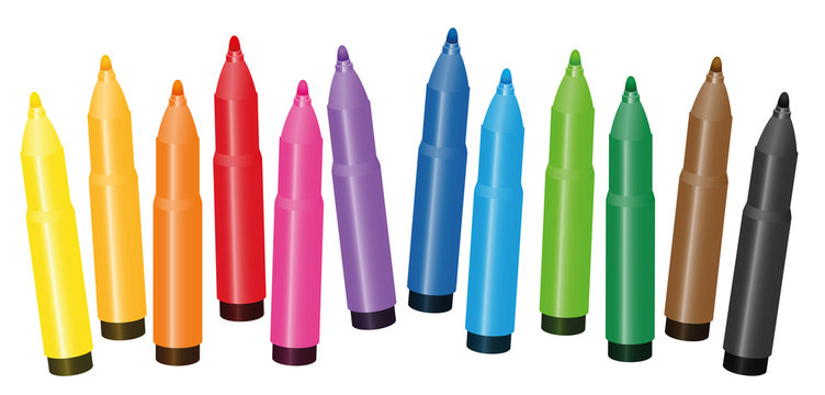 Felt pens, colorful set for painting coloring books - loosely arranged - isolated vector illustration on white background.