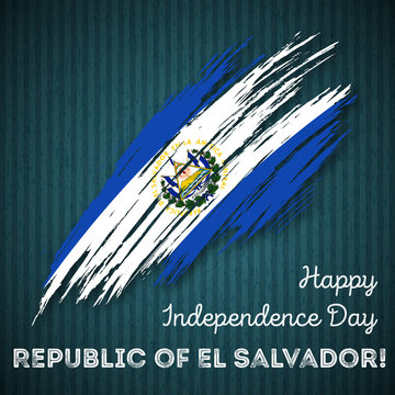 Republic of El Salvador Independence Day Patriotic Design. Expressive Brush Stroke in National Flag Colors on dark striped background.