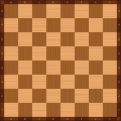 Chessboard, top view, wooden texture, with algebraic notation. Vector illustration.