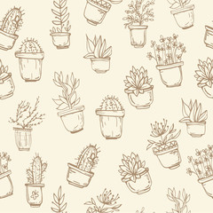 Seamless pattern with cactus. Pattern of cactus. Cacti in pots. Vector background. Cute cartoon cactus pattern.