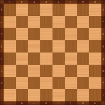 Chessboard, top view, wooden texture, with algebraic notation. Vector illustration.