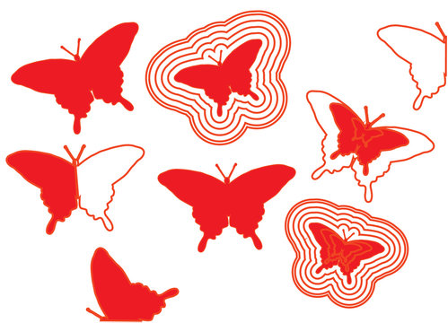 Red outline butterfly. Different vector red butterflies. Silhouettes and butterfly contours. Red butterfly logo for design. Butterfly circuit