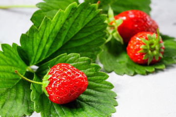 Fresh garden strawberry on stone table. Top view with copy space