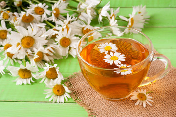Herbal tea with fresh chamomile flowers on green wooden background