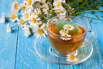 Herbal tea with fresh chamomile flowers on blue wooden background
