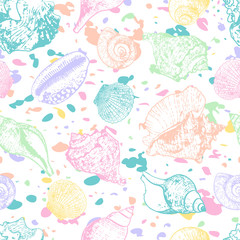 Vector seamless pattern with hand drawn colorful seashellsl. Multicolor abstract background with shells. Summer design for fabric and fashion textile print.