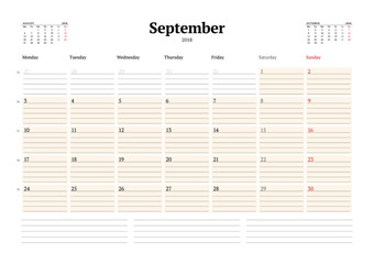 Vector Calendar Planner Template for 2018 Year. September. Stationery Design. Week starts on Monday. 3 Months on the Page. Vector Illustration