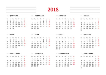 Calendar for 2018 year on white background. Vector design print template. Week starts on Monday. Stationery design