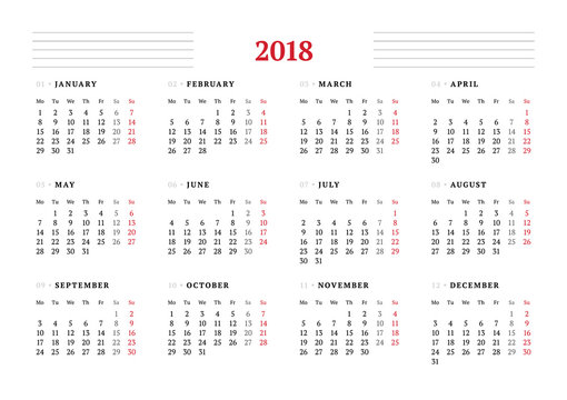 Calendar for 2018 year on white background. Vector design print template. Week starts on Monday. Stationery design