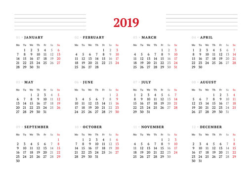 Calendar for 2019 year on white background. Vector design print template. Week starts on Monday. Stationery design