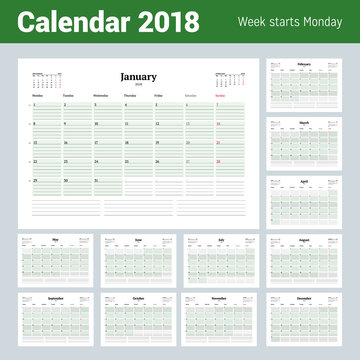 Vector Calendar Planner Template for 2018 Year. Set of 12 months. Stationery Design. Week starts on Monday. Vector Illustration