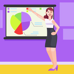 A woman in the office shows charts, tables and diagrams.