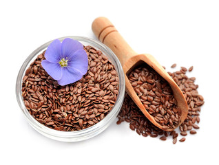 Flax seed and flax flowers closeup.