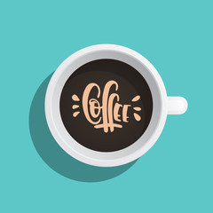 A coffee Cup painted in a flat style top view. Vector banner with a Cup of drink