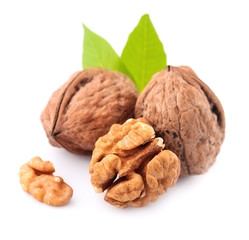 Walnuts with leaves .