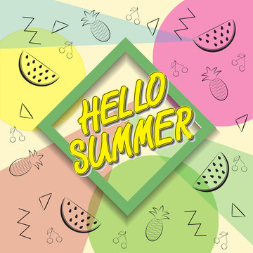 Hello summer travel. The trend calligraphy . Vector illustration of coconuts and watermelons on a color background. Summertime concept.