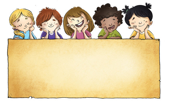 caras de ni&ntilde;os felices con cartel