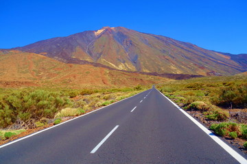 Desert Lonely Road Landscape in Volcano Teide National Park, Tenerife, Canary Island, Spain