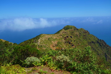 Panorama view of Anaga mountains and valley view from Mirador El Bailadero with Faro de Anaga and Roque Bermejo, Tenerife island, Spain