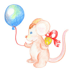 Cute mouse with balloon and gift. Lovely animal character. Birthday postcard with mouse.