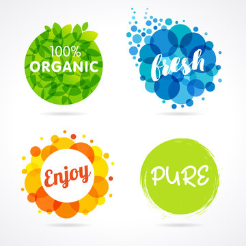 Organic, Fresh, Enjoy, Pure colored labels. Vector inscription words Organic, Fresh, Enjoy, Pure with color circle green leaf and colorful bubbles