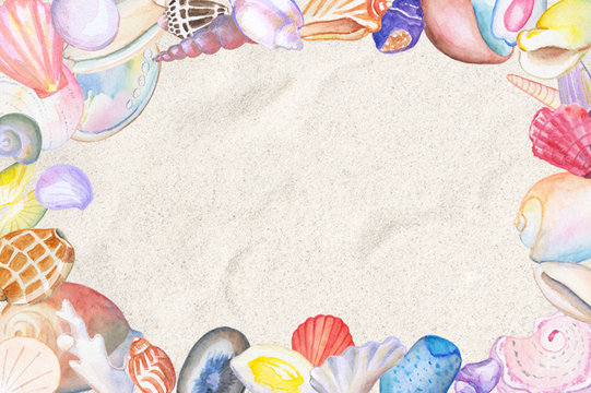 Watercolor seashell frame with text place. Tropical sea shells illustration on beach sand.