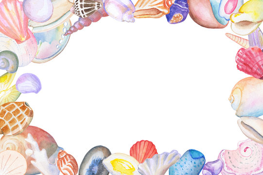 Watercolor seashell frame with text place. Hand-drawn illustration with tropical sea shells.