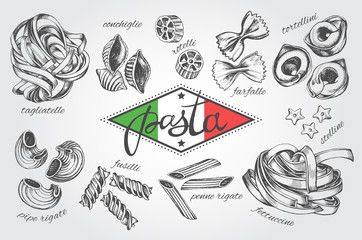 Different types of authentic Italian pasta. Hand drawn set. Vector illustration in vintage style. Menu or signboard template for restaurant. - 159515813