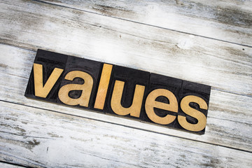 Values Letterpress Word on Wooden Background