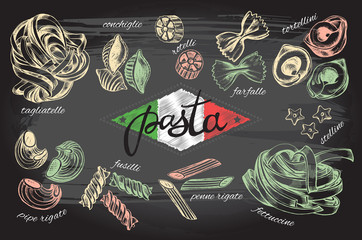 Different types of authentic Italian pasta. Hand drawn set. Vector illustration on the blackboard. Menu or signboard template for restaurant.