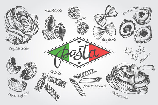 Different types of authentic Italian pasta. Hand drawn set. Vector illustration in vintage style. Menu or signboard template for restaurant.