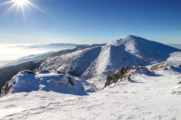 Snowy landscape view from national park Mala Fatra in Slovakia, central Europe.