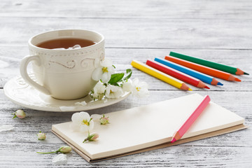 Spring time cherry blossom and note on the rustic table