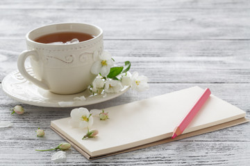 Still life with tea cup and blossom branch