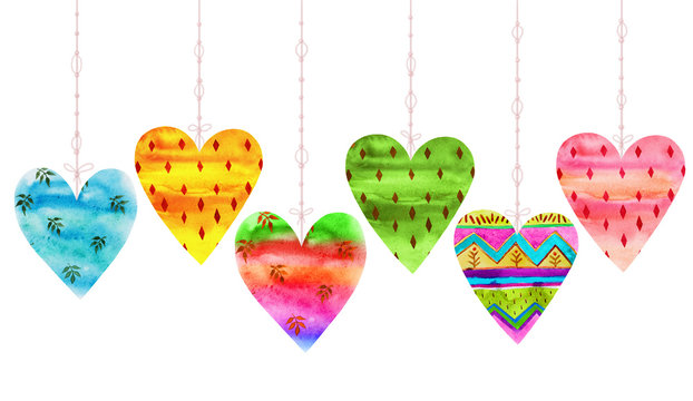 Lovely Cartoon Watercolor seamless love hearts valentines pattern, items of a collection and illustrations isolated on white background. Good for love card, valentine day congratulation design.