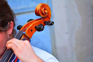 Young musician plays the cello in a music school.