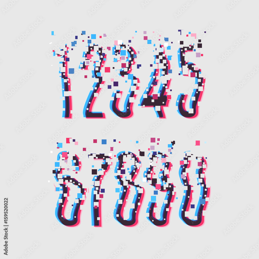 Fototapete glitch font with distortion stereoscopic effect. digital decay. corrupted image vector file. numbers