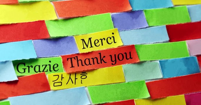 Thank You Word Cloud printed on colorful  paper different languages ,4k video