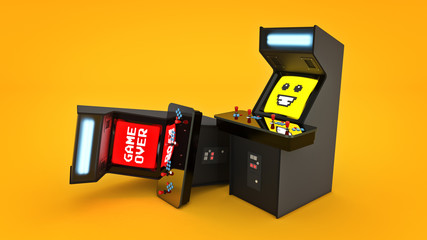 vintage arcade game machine concept game over. 3D rendering