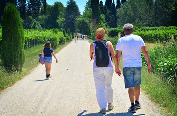 A mature couple walks along a path.