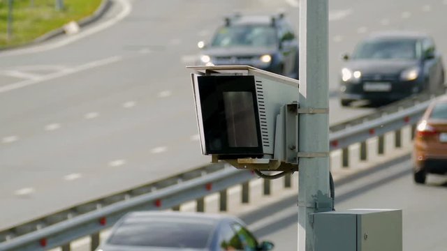 Radar speed control camera on the road. Close up